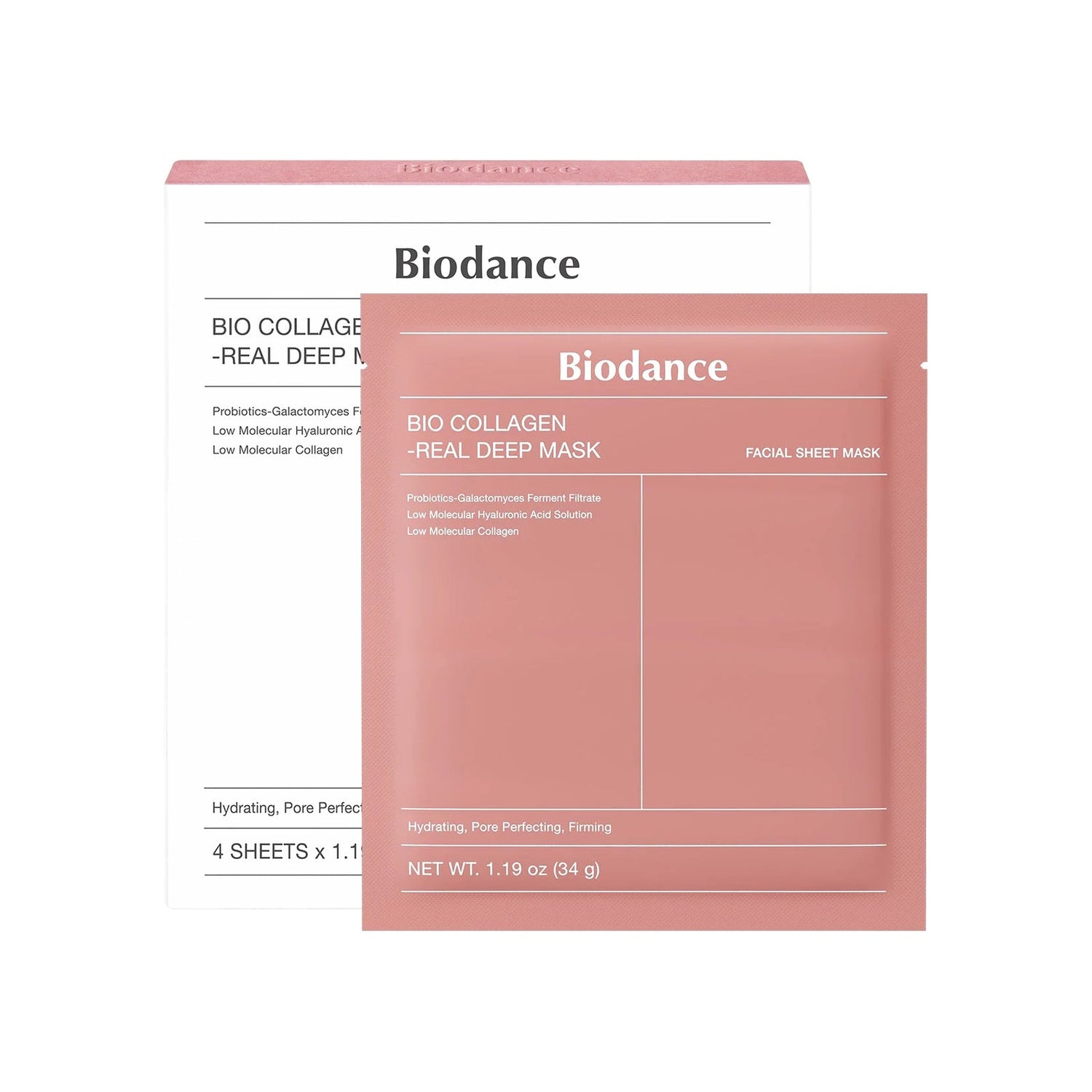 Biodance Bio-Collagen Real Deep Mask — caixa e sachê da máscara facial de hidrogel sobre fundo branco