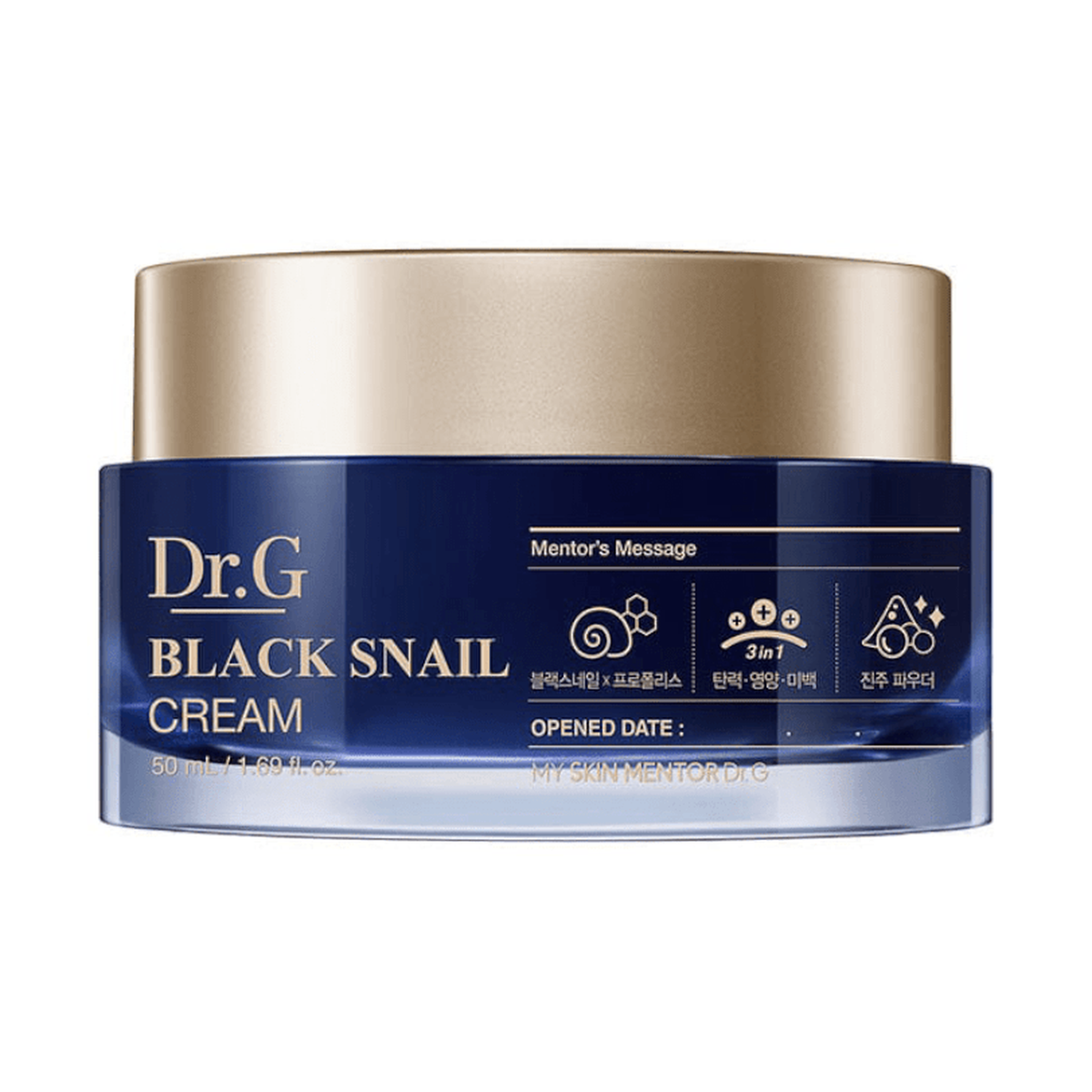 Dr.G Black Snail Cream 50 ml em pote azul-marinho e dourado sobre fundo branco