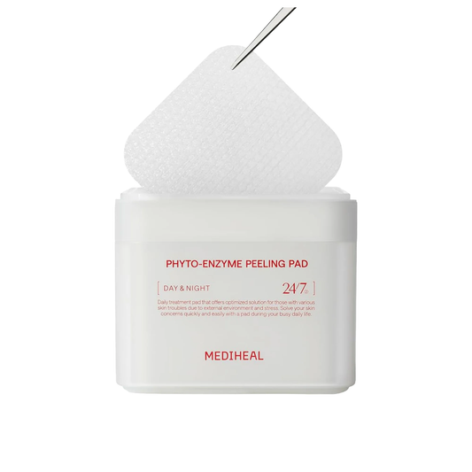 Mediheal Phyto-Enzyme Peeling Pad 90 unidades — pote oficial e disco em fundo branco