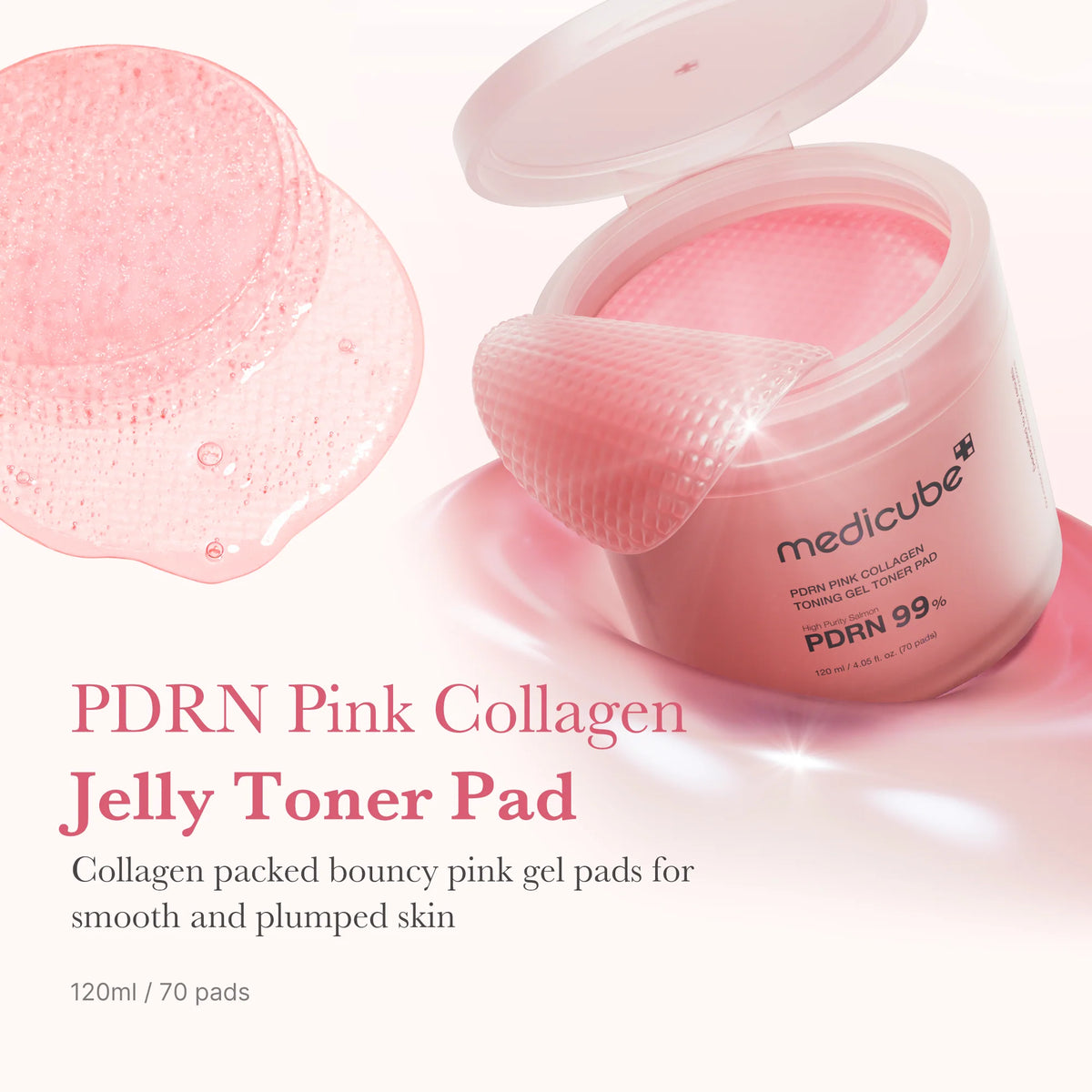 Medicube PDRN Pink Collagen Gel Toner Pad — pote aberto e textura dos discos em gel, 70 unidades