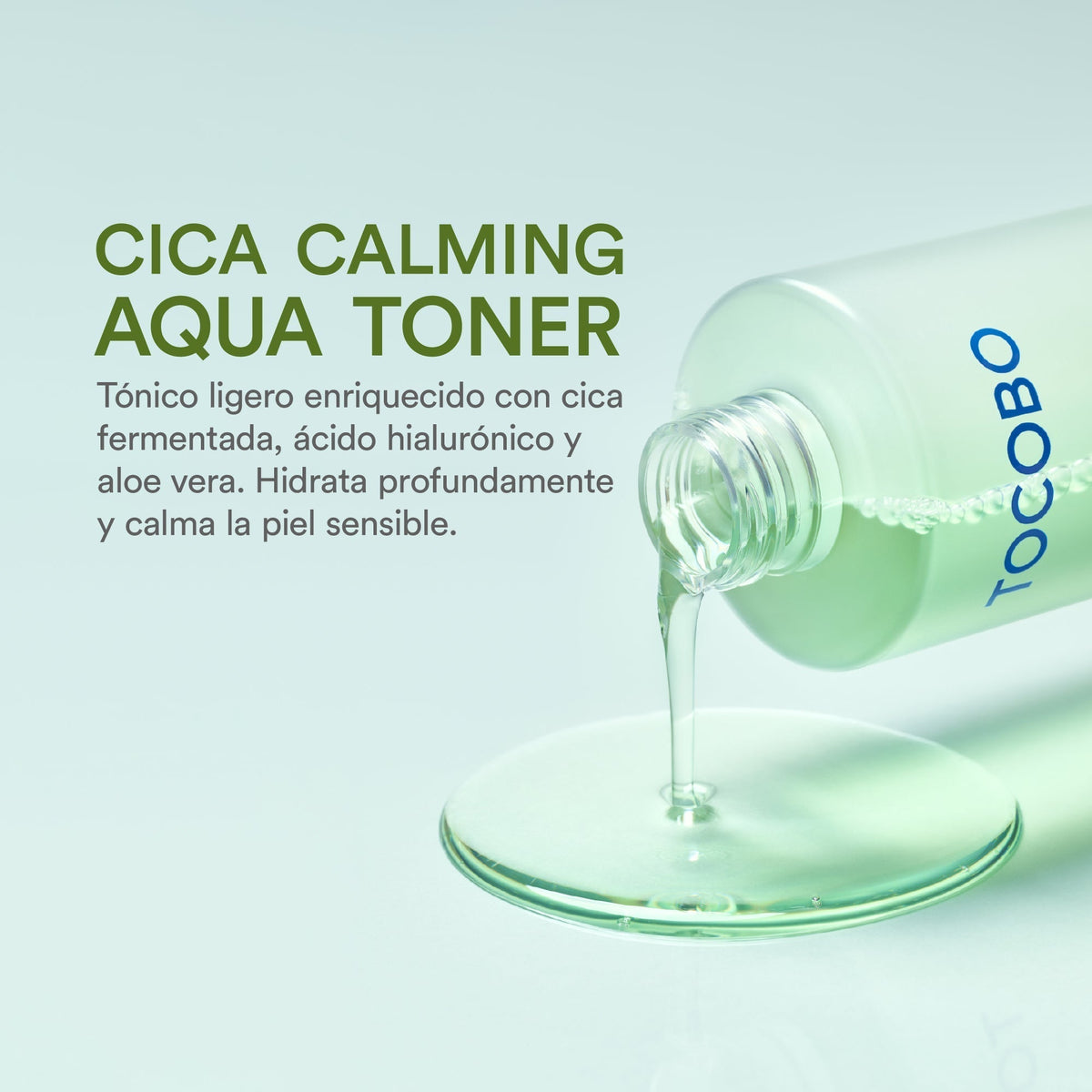 Tocobo Cica Calming Aqua Toner 200 ml — produto e textura líquida em composição oficial
