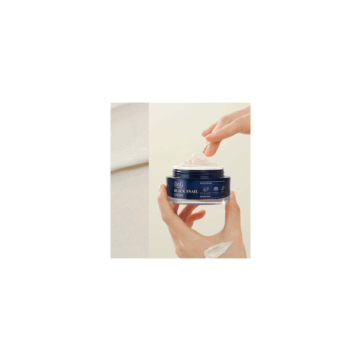 Dr.G Black Snail Cream 50 ml aberto, com textura do creme e aplicação