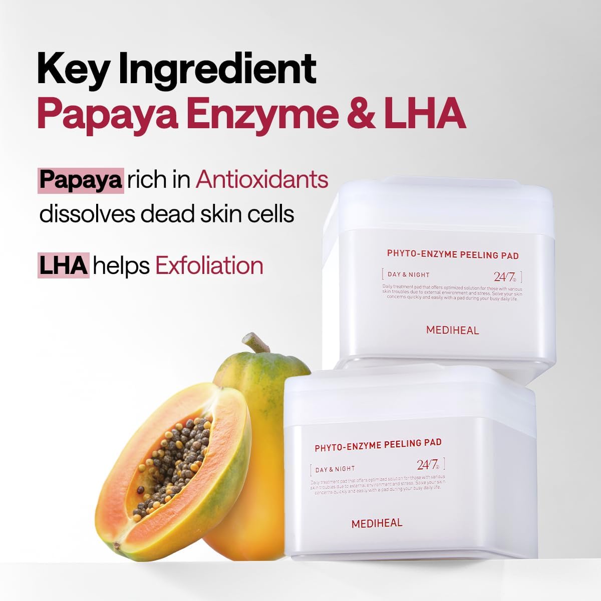Mediheal Phyto-Enzyme Peeling Pad 90 unidades — papaína e LHA na composição oficial