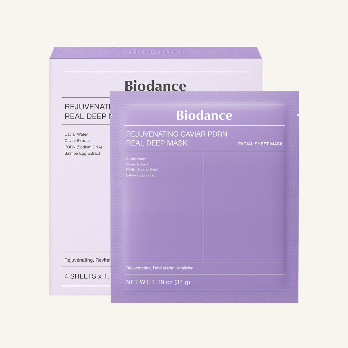 Biodance Caviar PDRN Real Deep Mask — Máscara facial de hidrogel, 34 g por folha (caixa com 4)