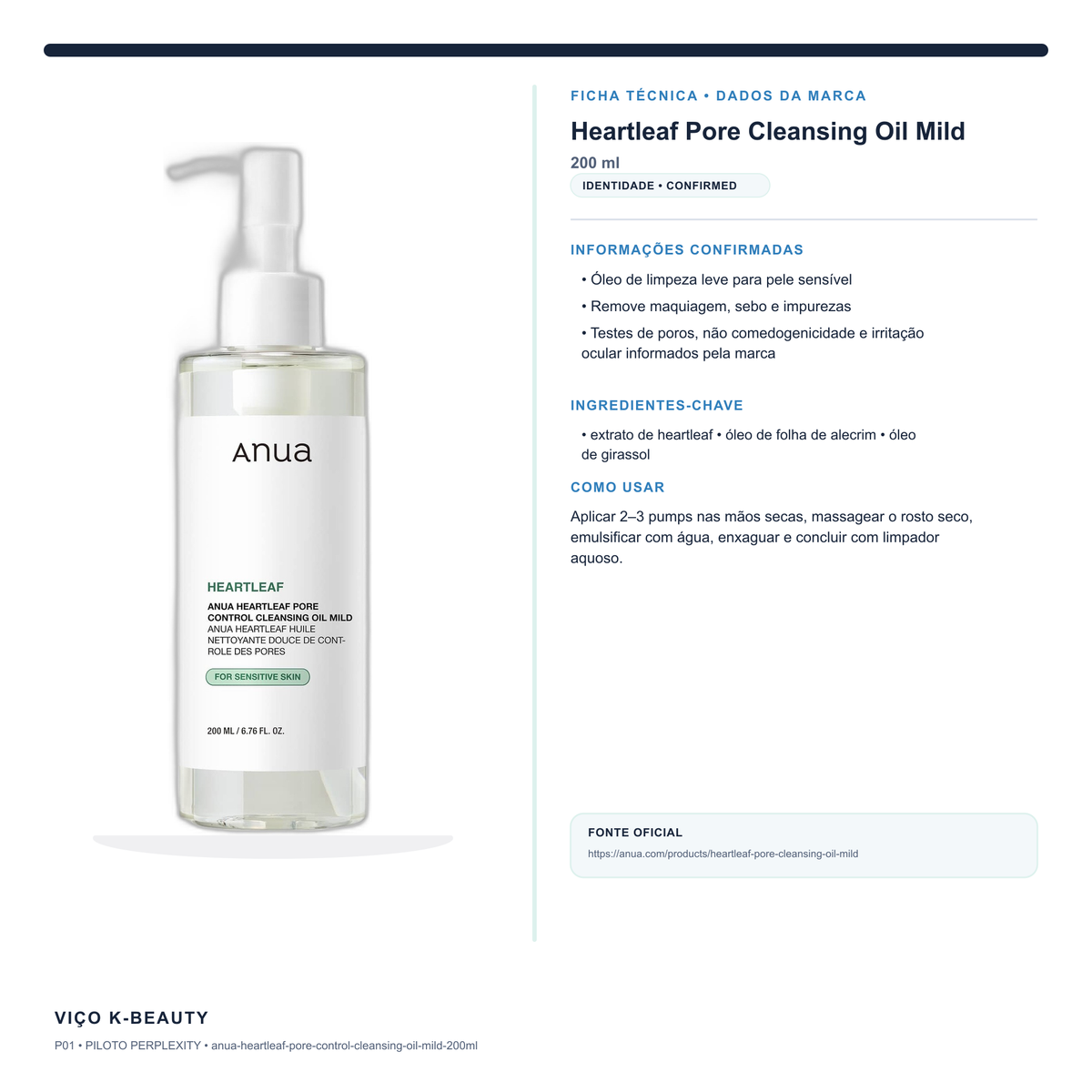 Ficha técnica oficial do Anua Heartleaf Pore Control Cleansing Oil Mild 200 ml