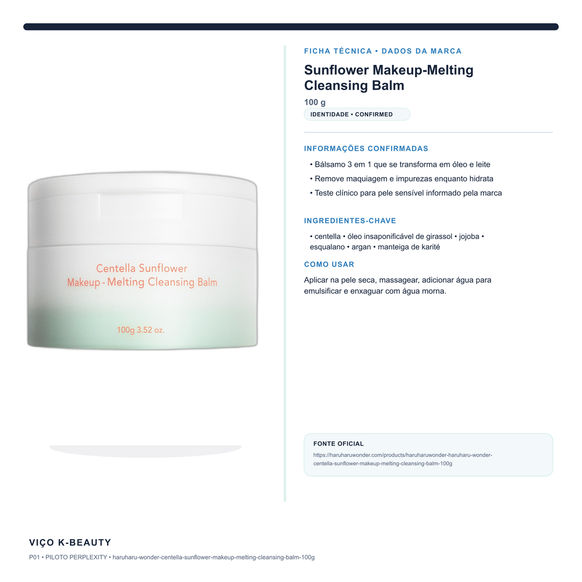 Haruharu Wonder Centella Sunflower Makeup-Melting Cleansing Balm — Bálsamo de Limpeza 100 g