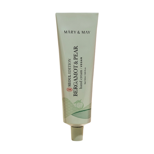 Mary&May Bergamot & Pear Hand Cream 50 ml — tubo frontal em fundo branco