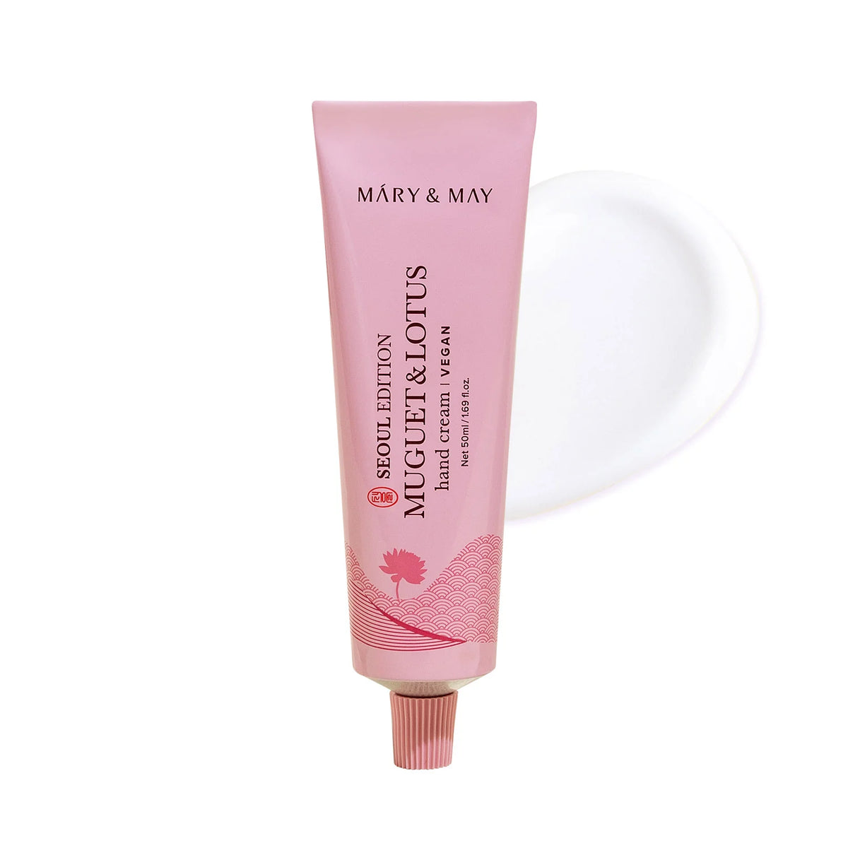 Mary&May Seoul Edition Muguet & Lotus — creme para as mãos 50 ml, tubo rosa em fundo branco