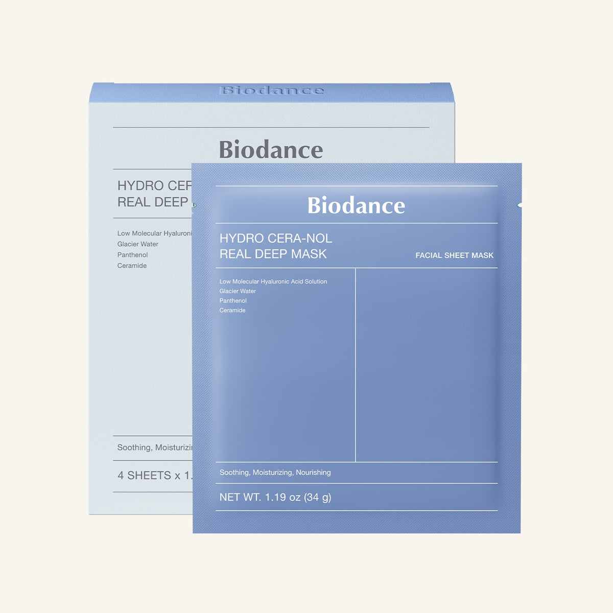 Biodance Hydro Cera-nol Real Deep Mask — Máscara facial de hidrogel, 34 g por folha (caixa com 4)